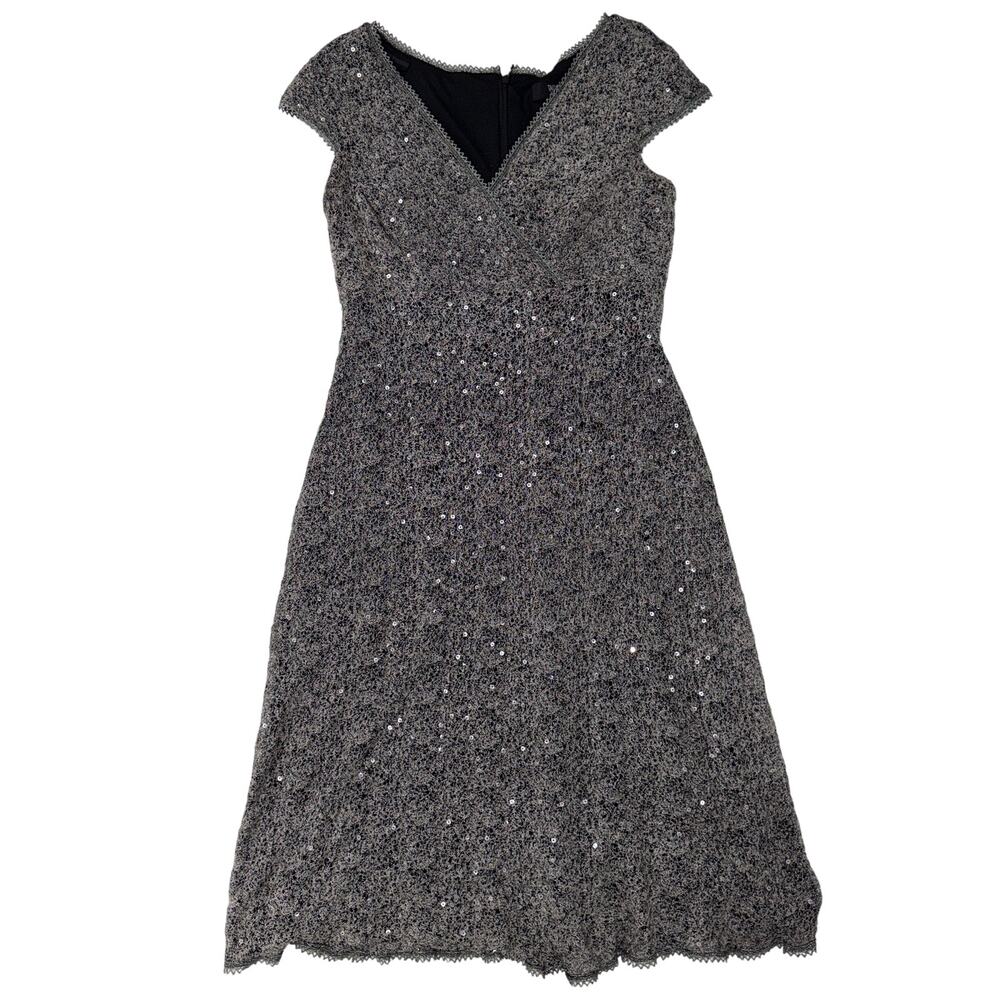 Tadashi Collection Sequin Tinsel Silver Cap Sleeve Midi Cocktail Dress Size XL